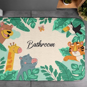 Kid&#39;s Pattern with text, Safari Animals, Soft Mat, Green, Bath Rug, Floor Decoration, Toilet, Designer Carpet