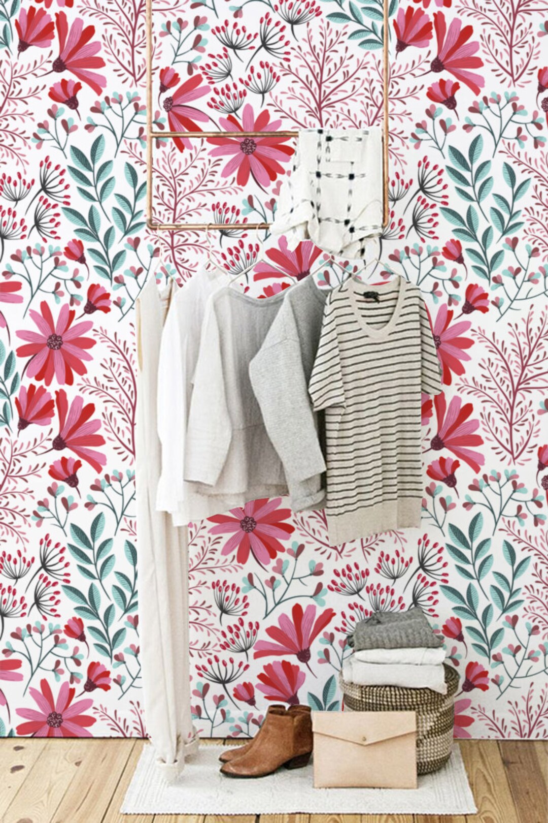 Boho Removable Wallpaper, Bohemian Wall Covering, Floral Wallpaper