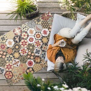 Decorative Retro Mosaic Outdoor Rug, Faux Tiles Patio Carpet, Beige Vinyl Rug, Porch Rug, Pet Friendly Rug, Easy To Clean Rug