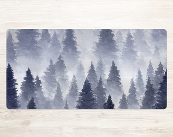 Watercolor Forest Landscape Computer Desk Mat, Gray Desk Accesories, Beige Keyboard Pad, Nature Office Decor, Laptop Pad, Decorative Mat