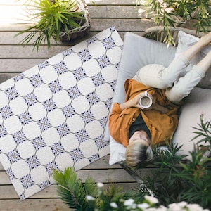 Greek Decorative Tiles Outdoor Rug, Faux Tiles Patio Carpet, White Vinyl Rug, Porch Rug, Pet Friendly Rug, Easy To Clean Rug