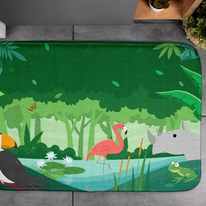Green, Soft Mat, Exotic Animals, Nonslip Rug, Kids Pattern, Decor, Modern Bathroom Mat, Small Space