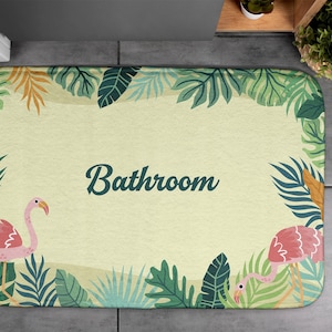 Tropical Animals, Soft Mat, Botanical Pattern with text, Yellow, Bathroom Rug, Contemporary Carpet, Floor Decor, Non-Skid