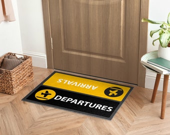 Arrivals Departures Front Door Mat, Personalized Doormat, Funny Doormat, Entrance Mat Yellow, Text Pattern