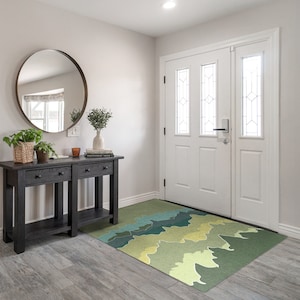 山の抽象化玄関マット、パーソナライズされた玄関マット、秋の玄関マット、風景模様、玄関マットグリーン