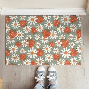 Strawberries and Flowers Welcome Mat, Personalized Doormat, Floral Pattern, Red Entrance Mat, Cute Doormat