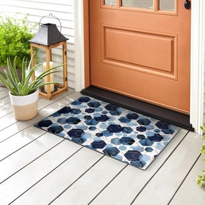 六角形の抽象的屋外用マット、ブルーのウェルカムドアマット、抽象的玄関マット、滑り止めドアマット、パーソナライズされたドアマット、かわいいドアマット