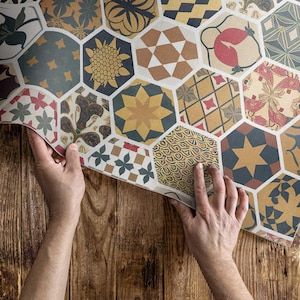 Patterned Retro Hexagon Mosaic Area Rug, Tiles And Tiles Vinyl Flooring, Beige Bedroom Rug, Pet Friendly Rug, Easy To Clean Rug