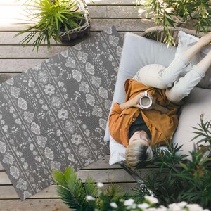 Garden Scenes With Floral Patterns Outdoor Rug, Texture Patio Carpet, Gray Vinyl Rug, Porch Rug, Pet Friendly Rug, Easy To Clean Rug