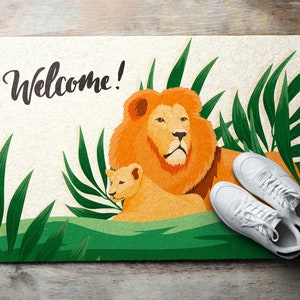 Wild Cats Outdoor Mat, Green Welcome Doormat, Animal Entrance Mat, Non-Slip Doormat, Personalized Doormat, Cute Doormat