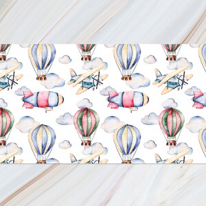 Plane Balloon Illustration Computer Desk Mat, Pink Mouse Pad, Blue Keyboard Mat, Air Desk Cover, Laptop Pad, Birtday Gift, Vinyl Mat