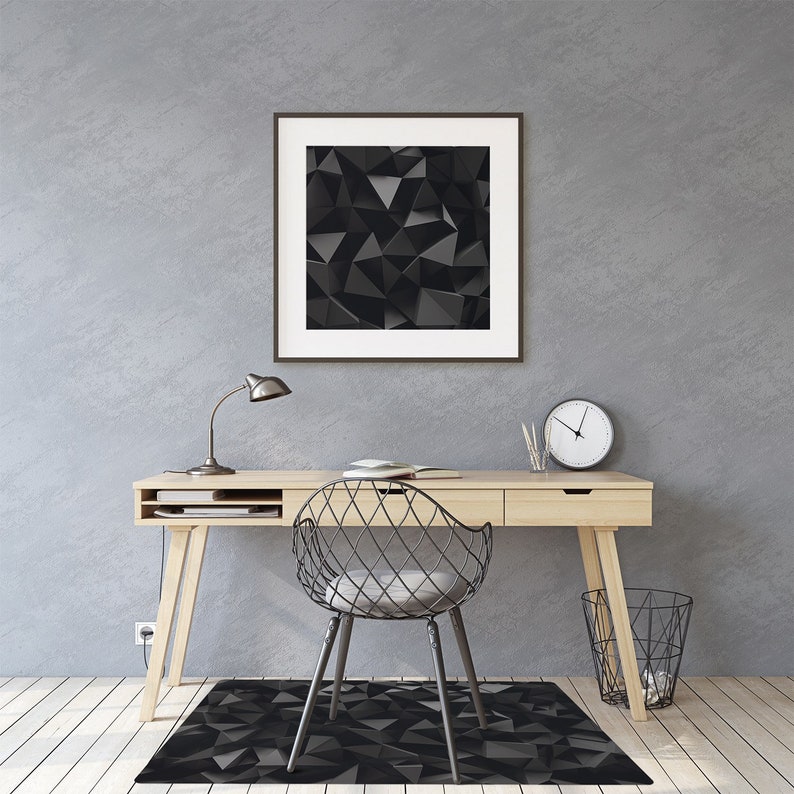 Abstraction Black Triangles Chair Mat, Onyx Computer Mat, Dark Gray Chair Pad Comfort, Geometric PVC Splat Mat image 2