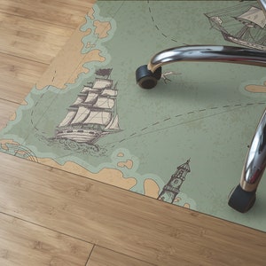 Tapis pour chaise Carte au Trésor, Tapis de protection beige, Décoration de sol de bureau bleue, Design unique pirate, Cadeau d'anniversaire, Tapis imperméable