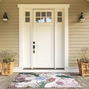 Colorful Flowers Outdoor Mat, Pink Welcome Mat, Floral Entrance Mat, Non-Slip Doormat, Personalized Doormat, Cute Doormat