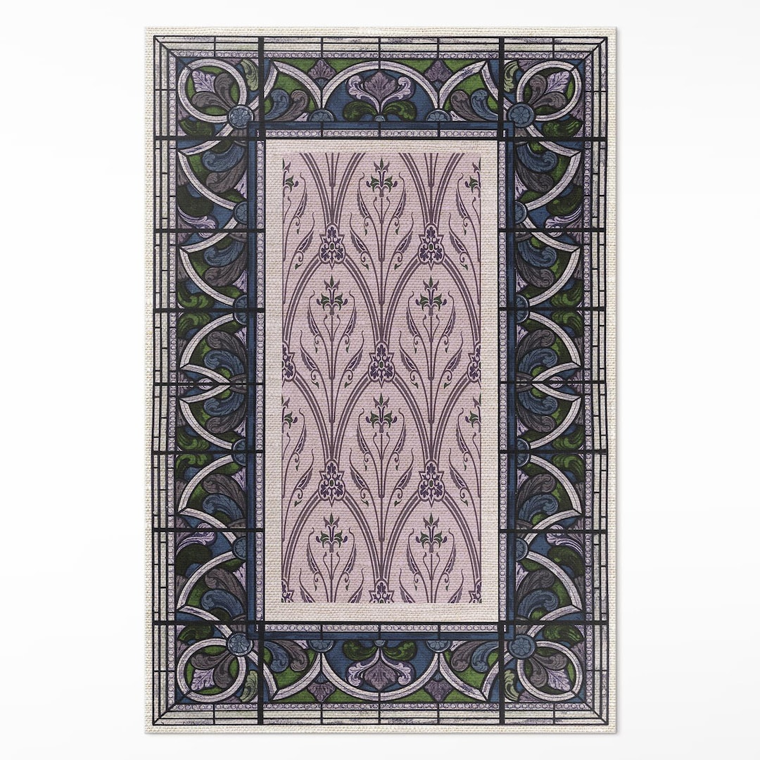 Stained Glass Rug Design Gothic Purple Stained Glass Rug for Living Room, Patterns Vinyl Floor ...