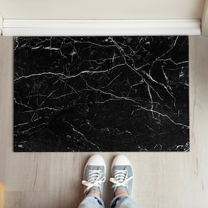Fancy Black Marble Welcome Mat, Personalized Doormat, Abstraction Pattern, Fall Doormat, Black Entrance Mat