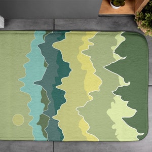 Mountains Abstraction, Soft Mat, Landscape Pattern, Green, Bathroom Rug, Contemporary Carpet, Floor Decor, Non-Skid