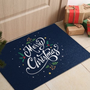 Happy Christmas Welcome Mat, Personalized Doormat, Christmas Doormat, Blue Entrance Mat, Christmas Pattern