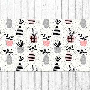 Puede incluir: Un fondo blanco con un patrón repetitivo de plantas en maceta en blanco y negro, plantas en maceta en rosa y blanco y formas geométricas grises y blancas. El fondo está cubierto de pequeños puntos negros.