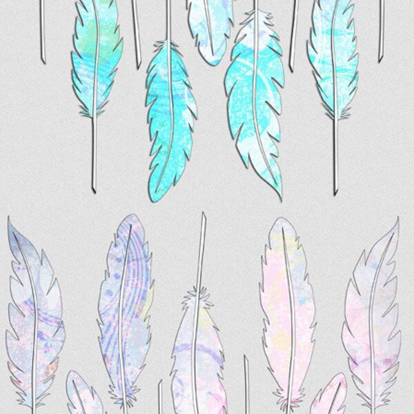 Feather clip art with aqua  and pink patterns