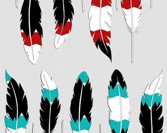 Feather clip art Red and Aqua Black-White