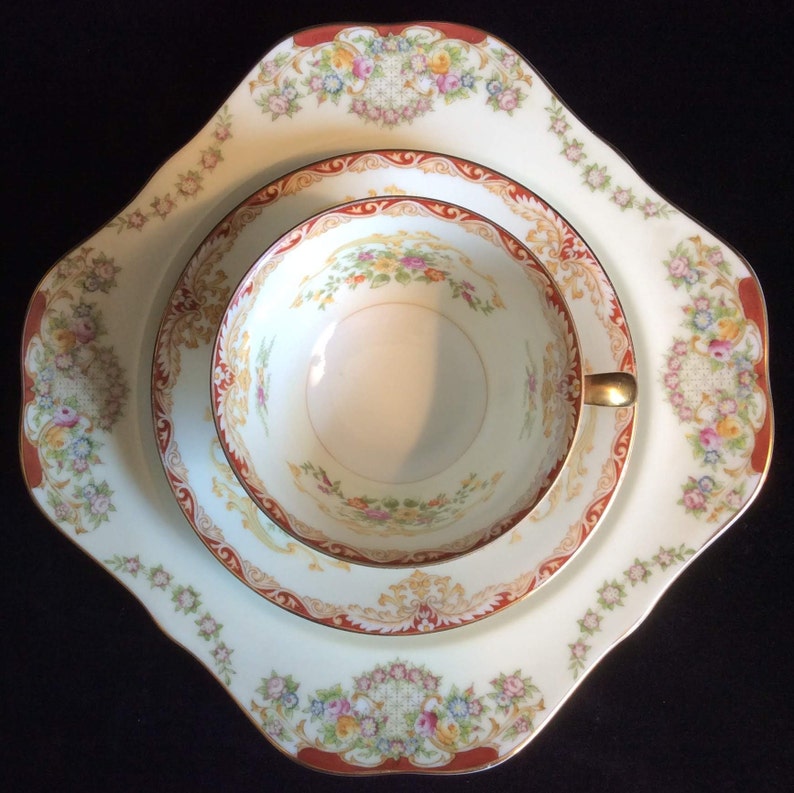 Optional Dessert Plate Vintage Mismatched Place Setting Square Salad Plate Wedding Gold Trim Bridal Shower Gilding Tea Cup and Saucer