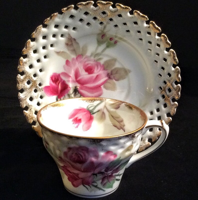 Lefton China Tea Cup and Saucer Pierced Saucer Reticulated Etsy