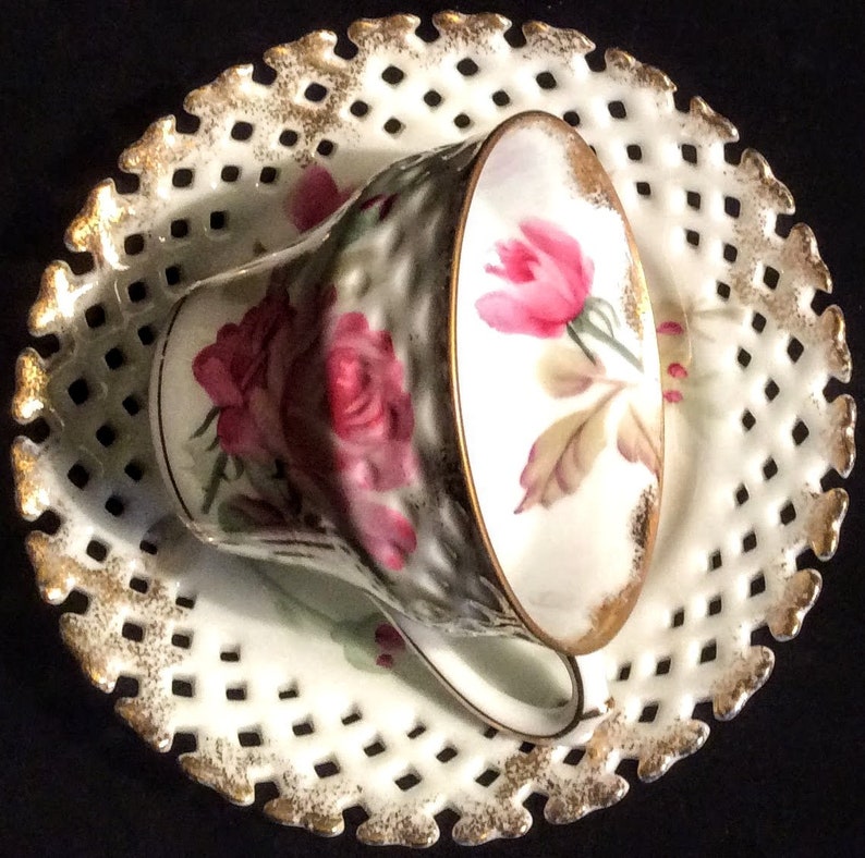 Lefton China Tea Cup and Saucer Pierced Saucer Reticulated Etsy