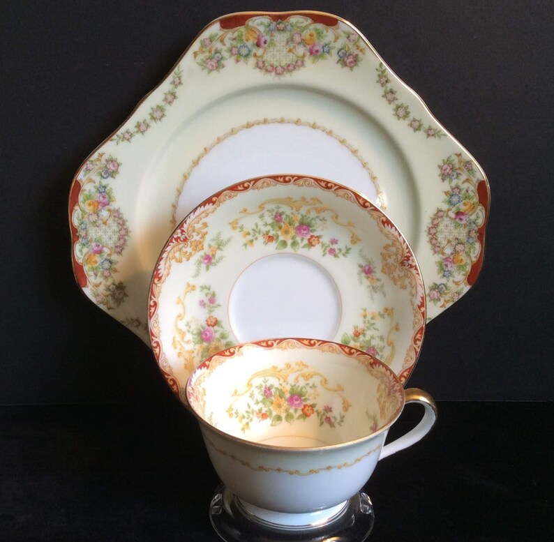 Optional Dessert Plate Vintage Mismatched Place Setting Square Salad Plate Wedding Gold Trim Bridal Shower Gilding Tea Cup and Saucer