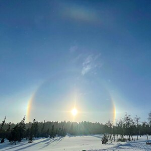 Puede incluir: Un paisaje invernal con un sol brillante y un efecto de halo en el cielo. La escena incluye un campo cubierto de nieve, una hilera de árboles y un cielo azul claro. Los rayos del sol crean una exhibición natural y brillante.