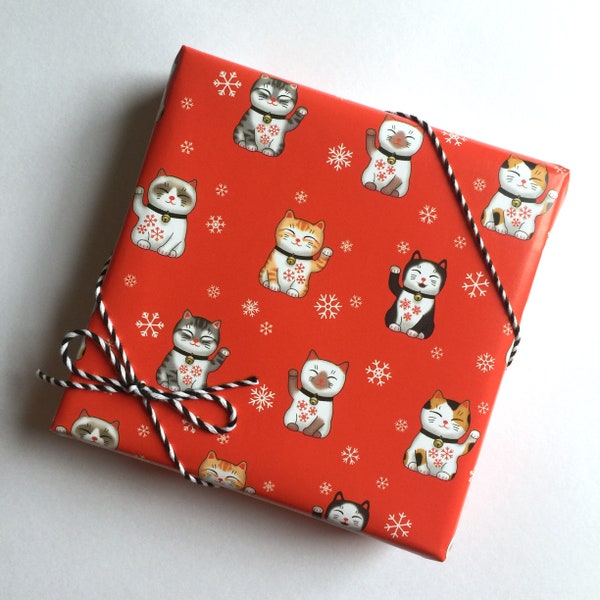 Lucky Cats and Snowflakes wrapping paper, Silver/Grey Tabby, Ginger Tabby, Ragdoll, Calico, Siamese and Black & White Cat