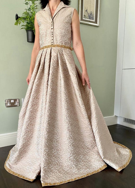 gold brocade wedding dress Golden Brocade Ball Gown with Cape