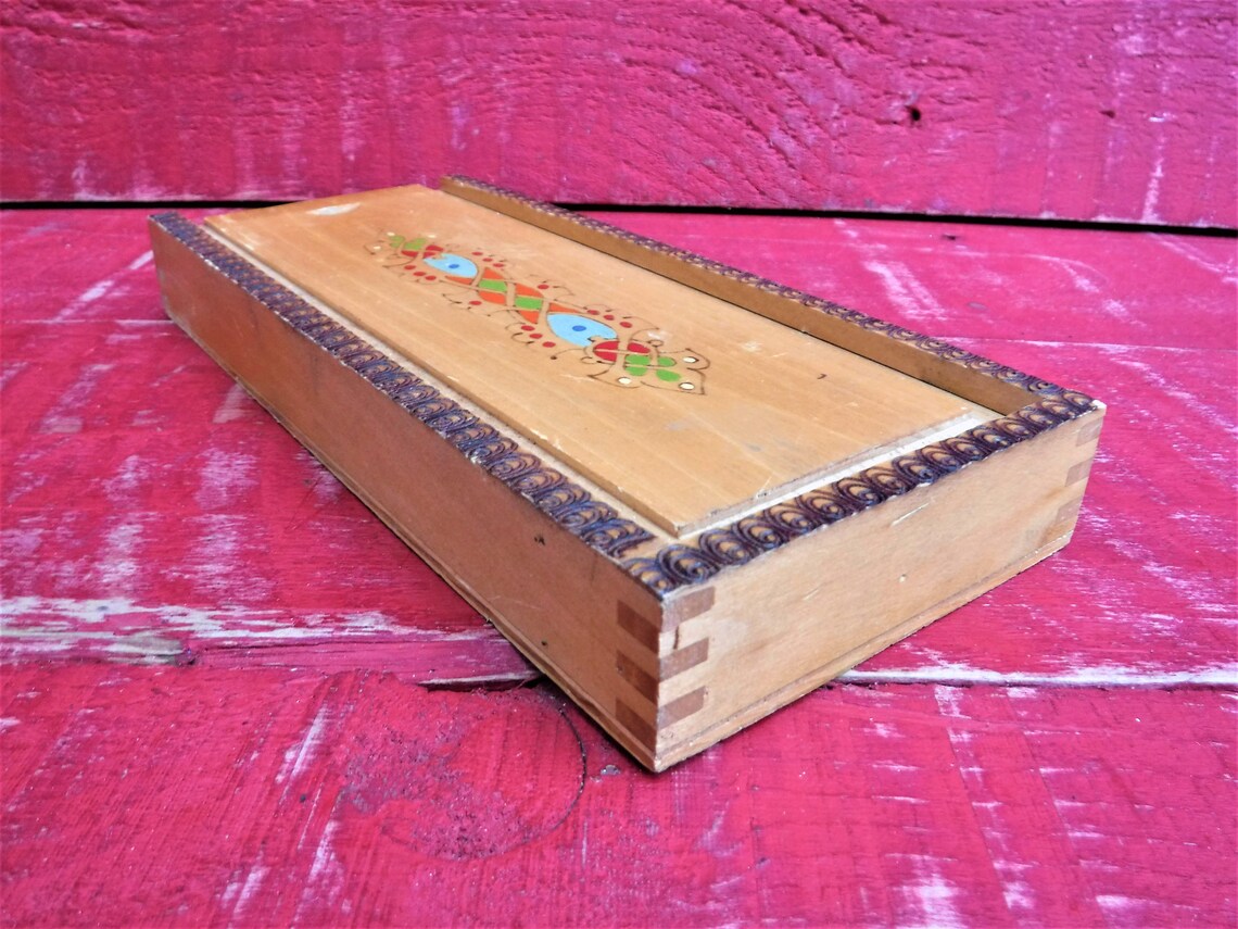 Vintage 1960's Wooden Poker Work Pencil Box Sliding Lid Etsy