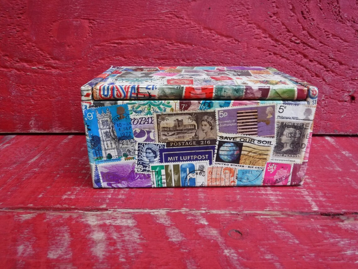 Vintage Stamp Covered Wooden Box Storage Box Postage Stamps Etsy