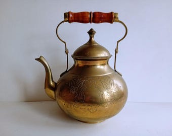 Vintage Indian Brass Tea Kettle, Folding Handle