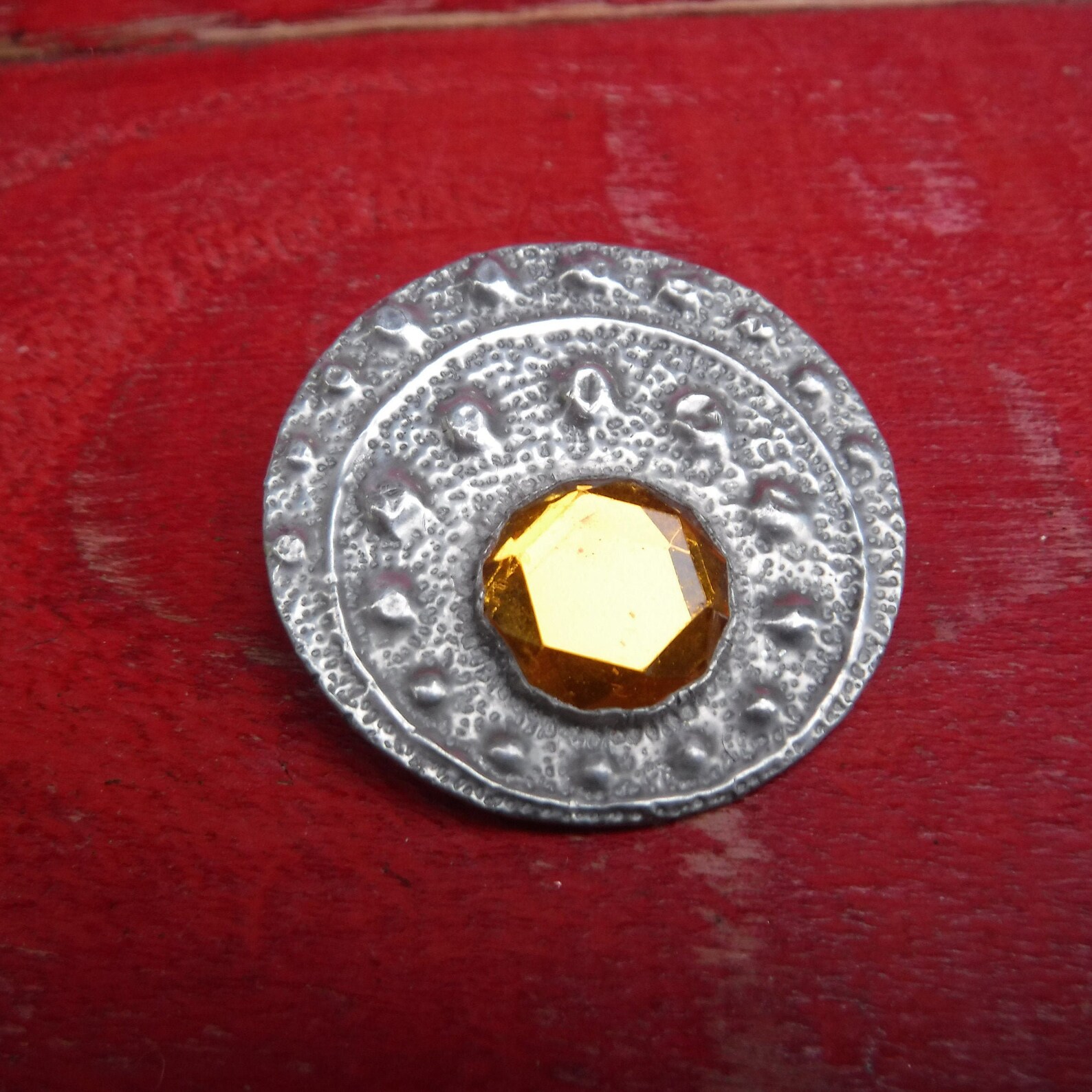 Vintage Decorative Pewter Pin Brooch with Amber Coloured Glass Etsy