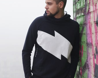 Urban Organic Cotton Herren Kapuzenpullover, Flash - Schwarz, Marineblau. Umweltfreundlicher Vintage Hoodie, Premium Hoodie, Hoodies für Männer, Streetwear für Männer.