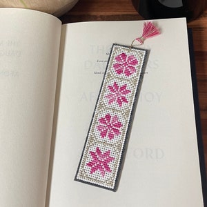 Handmade Cross Stitch Bookmark: Pink Floral Reader Gift