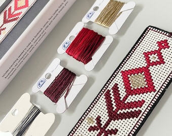 Red Scandinavian cross stitch bookmark kit