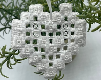 Hardanger heart pattern: White Needlepoint Ornament Design