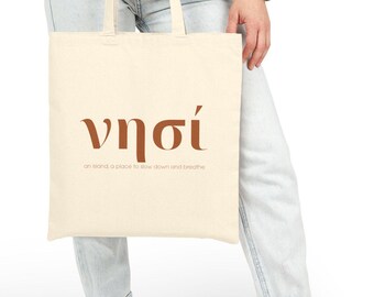 Greek Word Nisi Tote, Island Style Canvas Bag, Minimalist Typography Bag