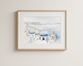 Santorini Painting Print - Watercolor Art - Greek Island Poster - Greece Painting - Travel Print