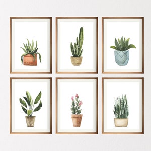 Botanical set 6 prints, Watercolor pot plants, Potted plants, Bedroom wall decor, Gallery wall set, Plant posters, Houseplant paintings