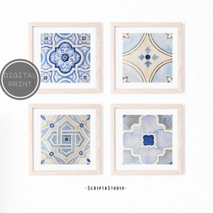 Mediterranean Tiles Print - Set of 4 - Tiles Wall Art - Watercolor Blue Tiles - Bohemian Wall Decor