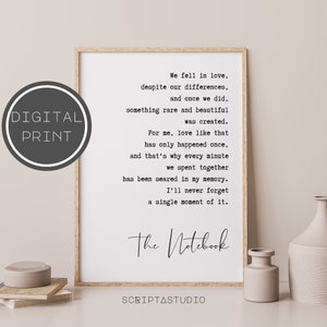 The Notebook Love Quote Print, Romantic Gift, The Notebook Movie Quotes, Typography Print, Printable Wall Art, Anniversary Gift, Wall Decor