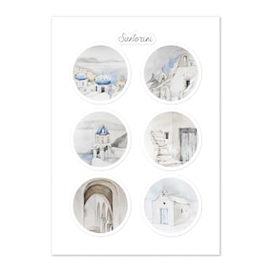 Santorini sticker sheet, Greece sticker pack, Watercolor Greece, Greek stickers, 5.83&quot; x 8.27&quot; sheet size (14.8cm x 21cm)
