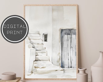 May include: Watercolor painting of a white building with a blue door and a set of stairs leading up to it. The painting is in a light, airy style and has a soft, muted color palette.