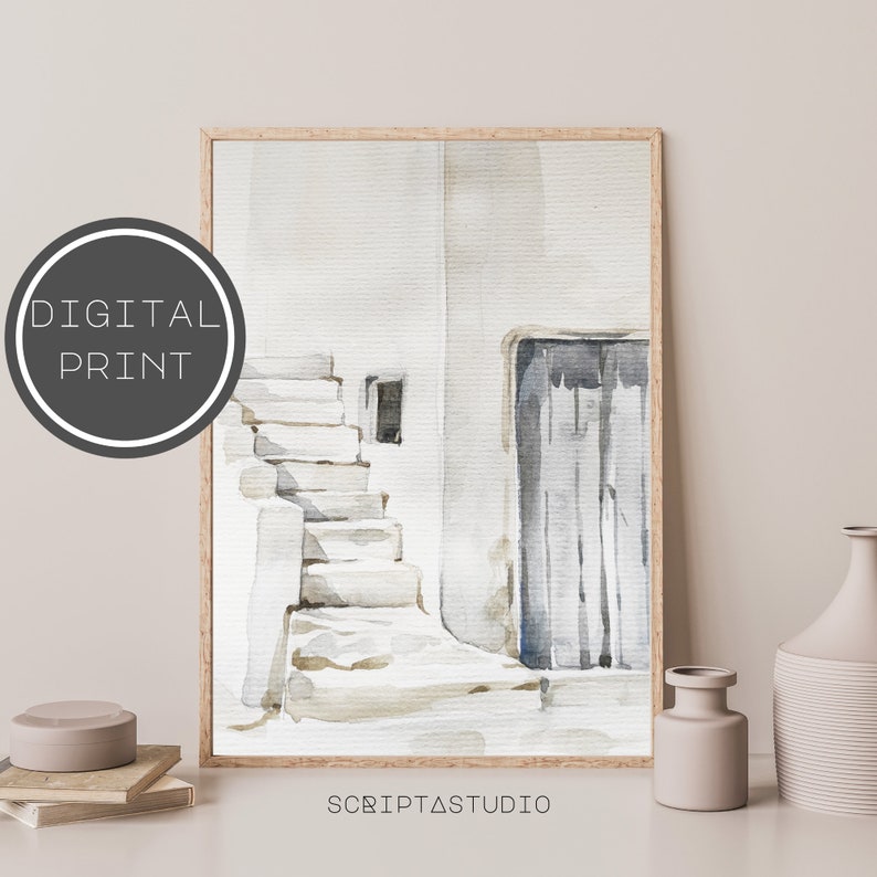 May include: Watercolor painting of a white building with a blue door and a set of stairs leading up to it. The painting is in a light, airy style and has a soft, muted color palette.