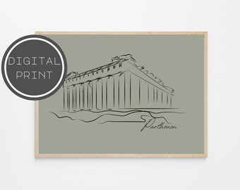 Greece art print, Parthenon line art, Greece gift, Athens, Greek decor, Greece wall art, Line drawing, Minimal wall art, Downloadable 002