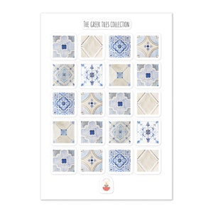Greek tiles sticker sheet, 20 square stickers 1&quot; size each, Mediterranean, Blue & white stickers, Watercolor tiles, Spanish tiles, Morrocan,